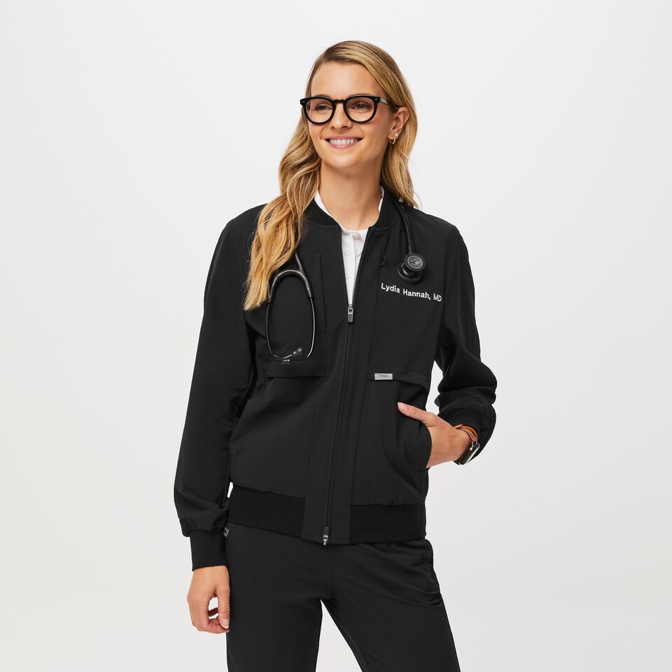 Women’s Scrub Bomber Jacket Black · FIGS